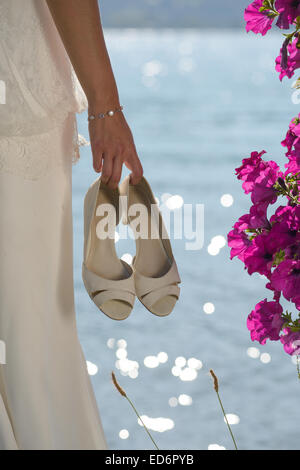 close-up on the shoes of the bride Stock Photo