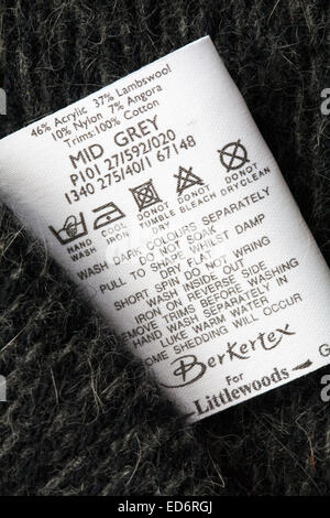 label showing washing instructions in Berkertex garment Stock Photo