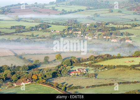 Mist around Thirlby from Sutton Bank, North Yorkshire. Stock Photo