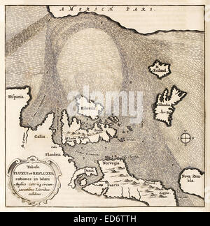 'Tabula Fluxus et Refluxus rationes in Mari Anglico' 17th century map of the North Atlantic showing ocean currents. See description for more information. Stock Photo