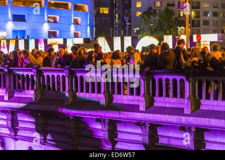 bridge melbourne colour lights on princess bridge over the yarra river during white night light show bridge lit up in purple, gr Stock Photo