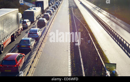 Queuing and stationary traffic on closed motorway. A1 motorway