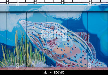 Harbour wall with paintings of marine animals, Los Cristianos, Tenerife, Canary Islands, Spain Stock Photo