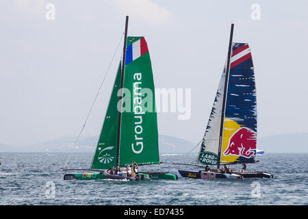 ISTANBUL, TURKEY - SEPTEMBER 14, 2014: Red Bull Sailing and Groupama teams compete in Extreme Sailing Series. Stock Photo