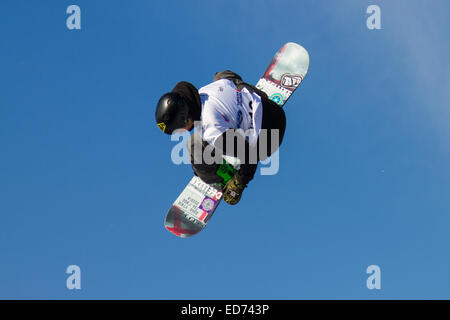 ISTANBUL, TURKEY - DECEMBER 20, 2014: Unidentified snowboarder jump in FIS Snowboard World Cup Big Air. This is first Big Air ev Stock Photo