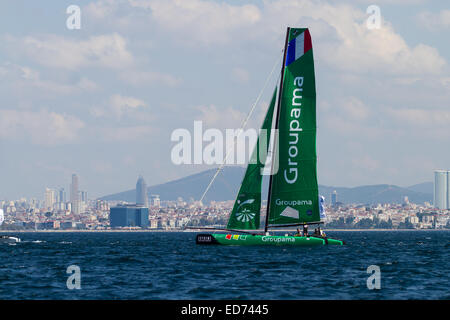ISTANBUL TURKEY SEPTEMBER 13 2014 Skipper Franck Cammas Groupama sailing team competes Extreme Sailing Series. Stock Photo