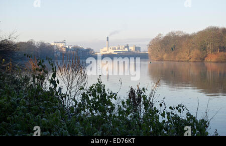 A chimney still smoking at the former Mortlake Brewery on the River Thames, Mortlake, London, England, U.K. Stock Photo