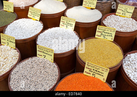 Spice, pulses dried goods lentils bulgar wheat beans for sale at food and spice market Kadikoy Asian side Istanbul, East Turkey Stock Photo