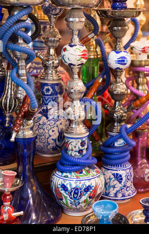 Hookah Turkish tobacco smoking water pipes, nargile, in The Grand Bazaar market, Kapalicarsi, in Beyazi, Istanbul, Turkey Stock Photo