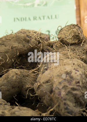 Indian vegetable ratalu in piles at an Asian market in Albany, New York. Stock Photo