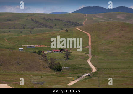 Dirt road leading past a red roofed farmhouse in Alpine Region of Victoria Australia Stock Photo