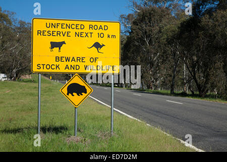 Beware of stock and wildlife road sign in the Victorian Alps Australia Stock Photo