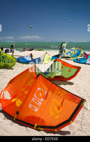 Mauritius, Le Morne, Kite surfing kites on beach Stock Photo