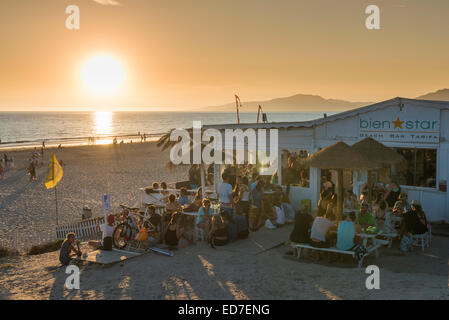 Beach bar Bienestar Tarifa, Costa de la Luz, Cadiz, Andalusia, Spain. Stock Photo