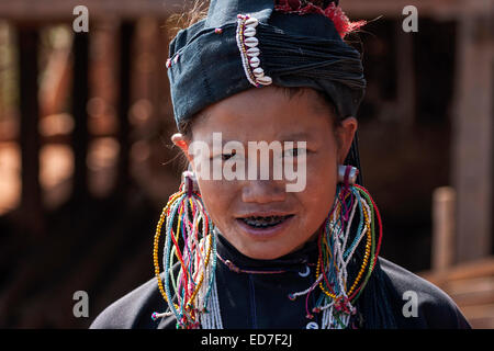 Local woman in traditional costume, portrait, Ann ethnic group, near Kyaning Tong, Myanmar Stock Photo