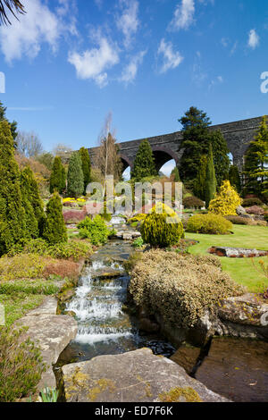 The waterfalls in Kilver Court Gardens in springtime, Shepton Mallet, Somerset, England, UK Stock Photo