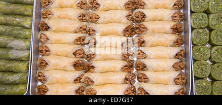 Turkish honey covered sweetmeats baklava dessert of filo pastry and nuts at Kadayif cafe Edebiyat Kiraathanesi, Istanbul, Turkey Stock Photo