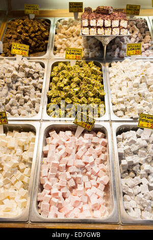 Traditional sweetsmeats Turkish Delight, Lokum, in Misir Carsisi Egyptian Bazaar food and spice market, Istanbul, Turkey Stock Photo