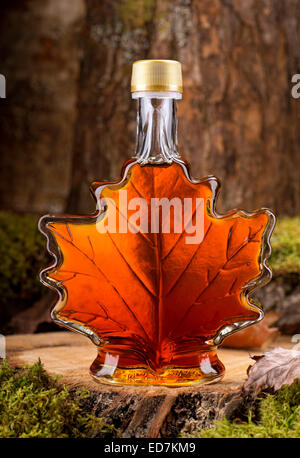 A bottle of delicious maple syrup in hardwood forest setting. Stock Photo