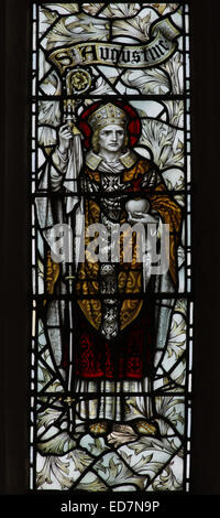 Stained glass window by James Powell & Sons depicting St Augustine, Canons Ashby Priory Church, Northamptonshire Stock Photo