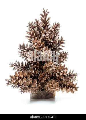Miniature christmas tree made of spruce cones over white background Stock Photo