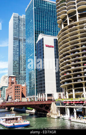 Chicago Illinois,River North,downtown,Marina City,high rise,residential,building,condominiums,city skyline,Chicago River,North Dearborn Street Bridge, Stock Photo