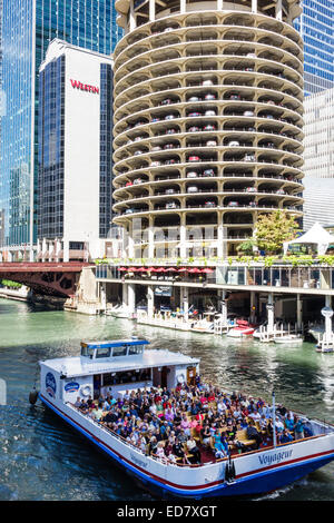 Chicago Illinois,River North,downtown,Marina City,high rise,residential,building,condominiums,city skyline,Chicago River,Westin,hotel,ferry boat,IL140 Stock Photo