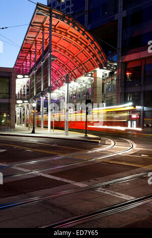 Trolley and tracks, American Plaza, Santa Fe Transit Center, San Diego, California USA Stock Photo