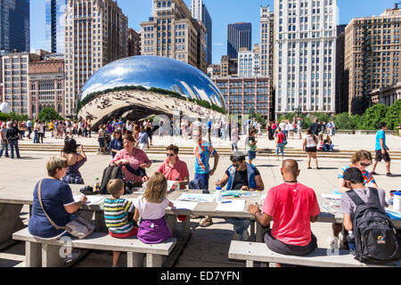 Chicago Illinois,Loop,Millennium Park,Cloud Gate,The Bean,artist Anish Kapoor,public art,reflected,reflection,distorted,city skyline,North Michigan Av Stock Photo