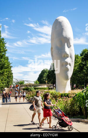 Chicago Illinois,Loop,Millennium Park,Jaume Plensa artist installation giant head,sculpture,man men male,woman female women,couple,parents,stroller,ba Stock Photo