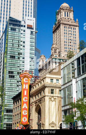 Chicago Illinois,Loop Retail Historic District,downtown,North State Street,Willoughby Tower,Chicago Theater,theatre,sign,city skyline,skyscrapers,IL14 Stock Photo