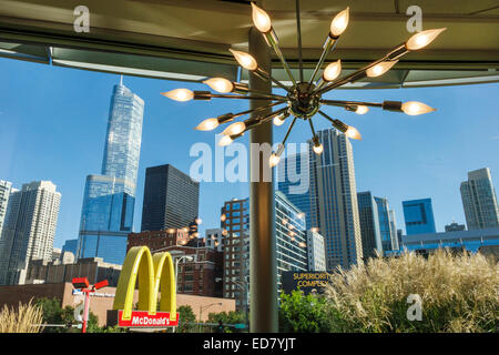 Chicago Illinois,River North,downtown,North Clark Street,McDonald's,fast food,restaurant restaurants dining cafe cafes,high rise skyscraper skyscraper Stock Photo