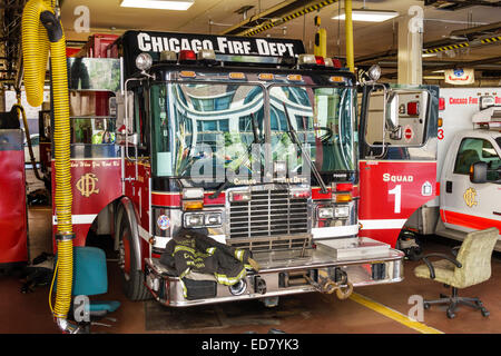 Chicago Illinois,River water North,downtown,District 1 Headquarters Chicago Fire Department,fire engine truck,visitors travel traveling tour tourist t Stock Photo