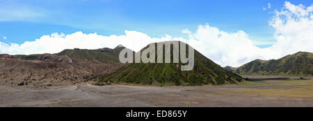 Panorama of Volcanoes at Bromo Batok Sumeru Mountain Region National Park East Java Indonesia Stock Photo