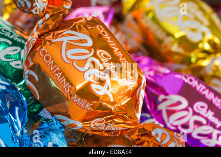 spread of Cadbury Roses chocolates removed from box - Cadburys Roses selection Stock Photo