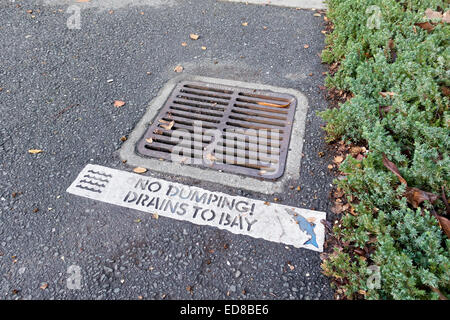 Storm drain marker, no dumping drains to bay, California, USA Stock Photo
