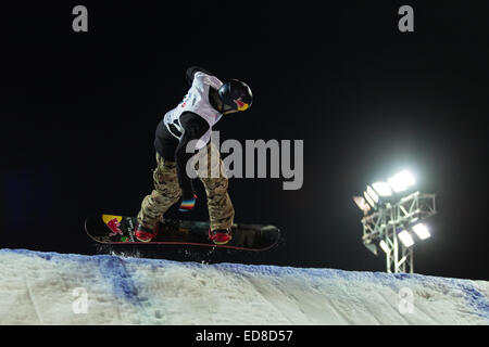 ISTANBUL, TURKEY - DECEMBER 20, 2014: Seppe Smits jump in FIS Snowboard World Cup Big Air. This is first Big Air event for both, Stock Photo