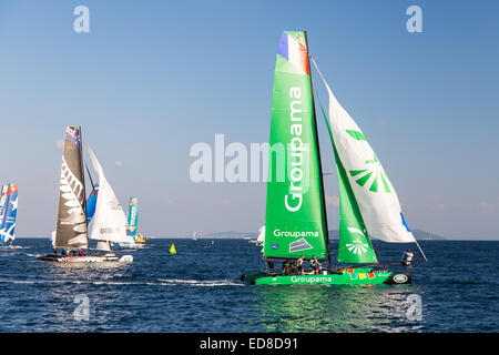 ISTANBUL, TURKEY - SEPTEMBER 13, 2014: Emirates Team New Zealand and Groupama teams compete in Extreme Sailing Series. Stock Photo