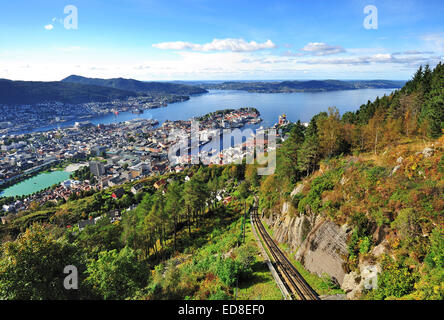 View of Bergen from Mount Floyen, Norway. Mt. Floyen is a famous tourist attraction in Bergen. You can go up here by funicular. Stock Photo