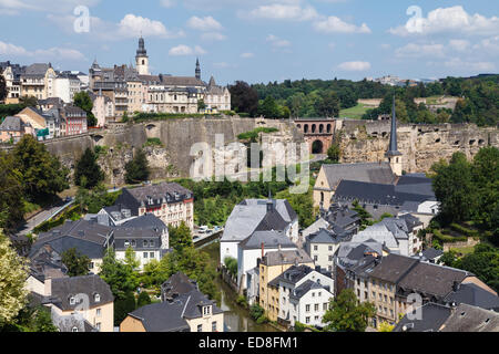 View of Luxembourg City across the area known as Grund. Stock Photo