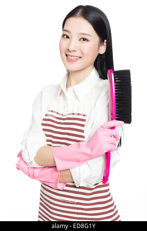 picture of beautiful woman with cleaning sweep, white background Stock Photo