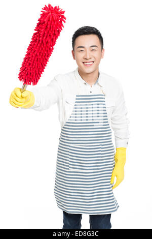 picture of male with cleaning sweep, white background Stock Photo