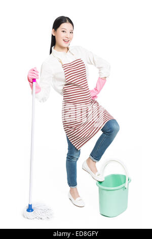 picture of beautiful woman with cleaning sweep, white background Stock Photo