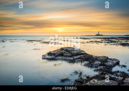 Early morning long exposure shot of St Mary's Island, Northumberland Stock Photo