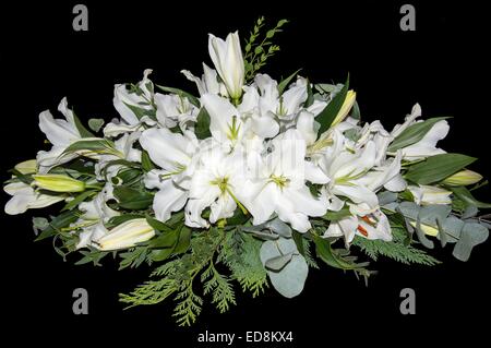 A spray of white lilies isolated on a black background Stock Photo