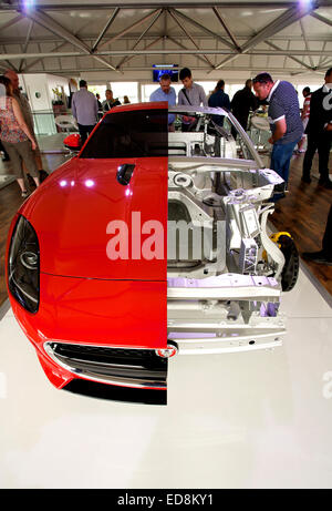 F-Type Jaguar with cut-away body showing the aluminium chassis, on show at the Festival of Speed, Goodwood, 2014 Stock Photo