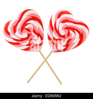 Two Valentines Day heart-shaped lollipops isolated on white Stock Photo