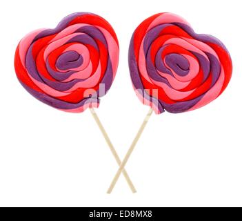 Two colorful Valentines Day lollipops isolated on white Stock Photo