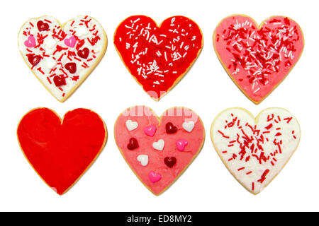 Six individual heart-shaped cookies for Valentines Day over white Stock Photo