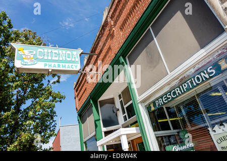 Illinois Chenoa,historic highway Route 66,US 66,highway,landmark,historic building,Chenoa Pharmacy,Schuirman’s Drug Store,1889,exterior,sign,prescript Stock Photo